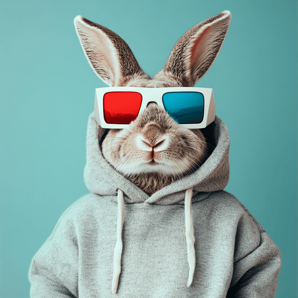 Rabbit in a grey hoodie wearing red and cyan 3D anaglyph glasses on a teal background