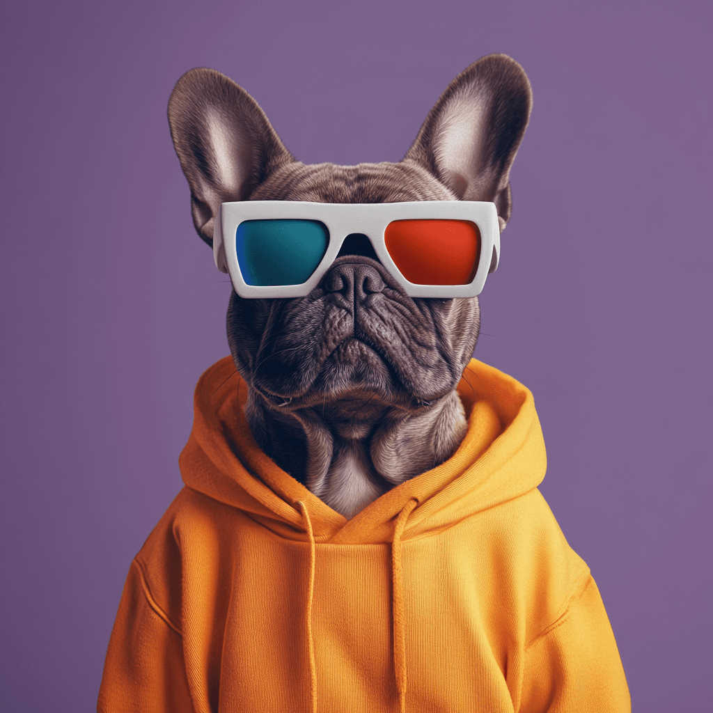 French bulldog in an orange hoodie wearing 3D anaglyph glasses