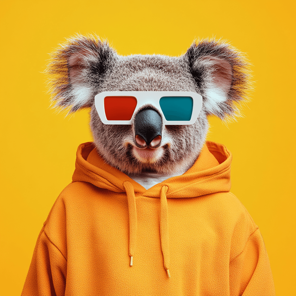 Koala in an orange hoodie wearing 3D anaglyph glasses