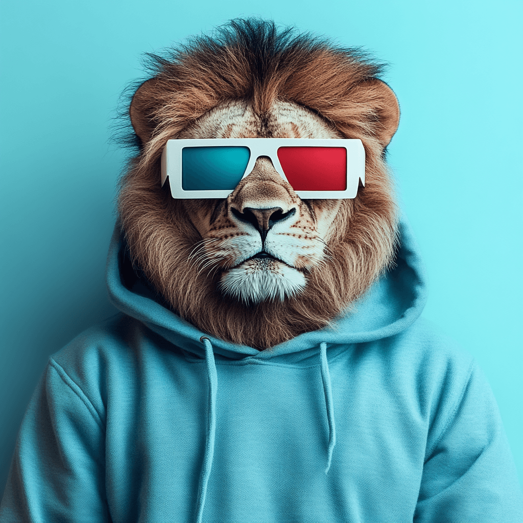 Lion in a blue hoodie wearing 3D anaglyph glasses