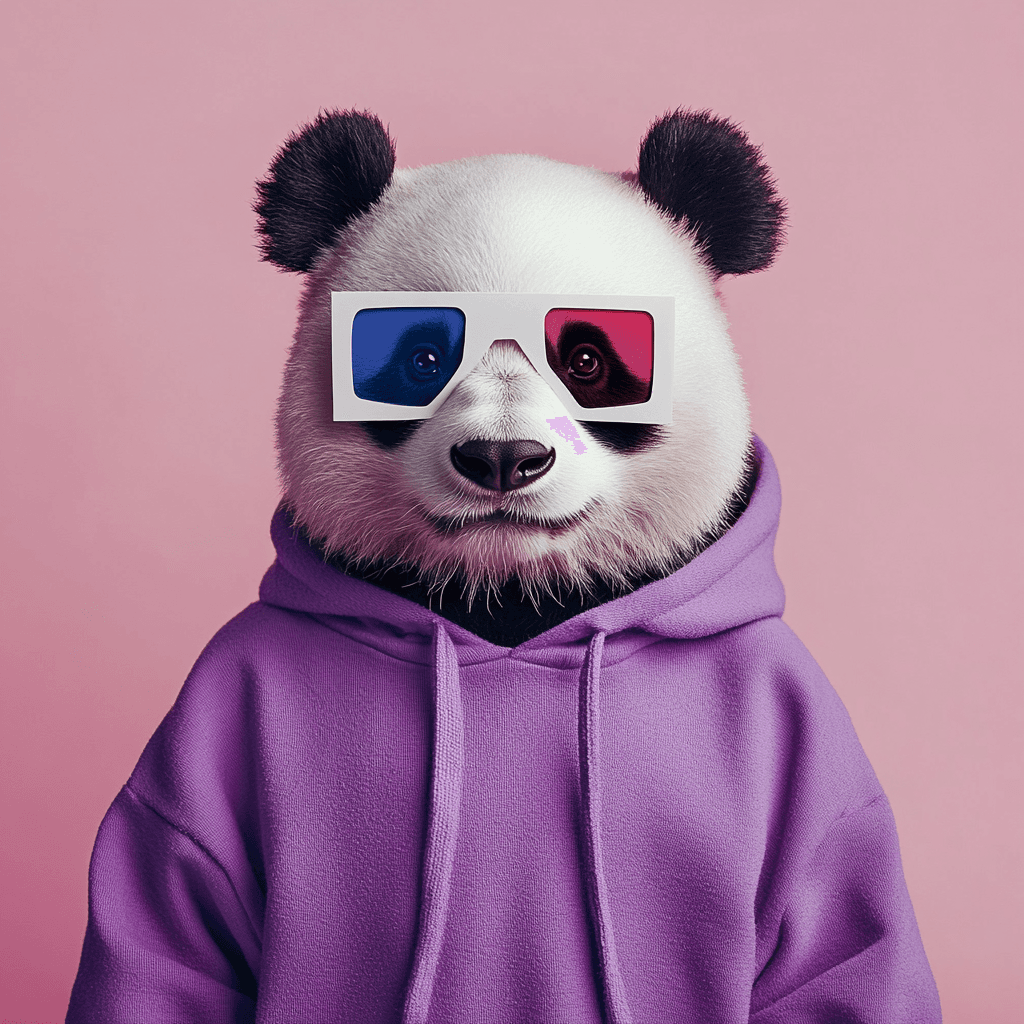 Panda in a purple hoodie wearing 3D anaglyph glasses