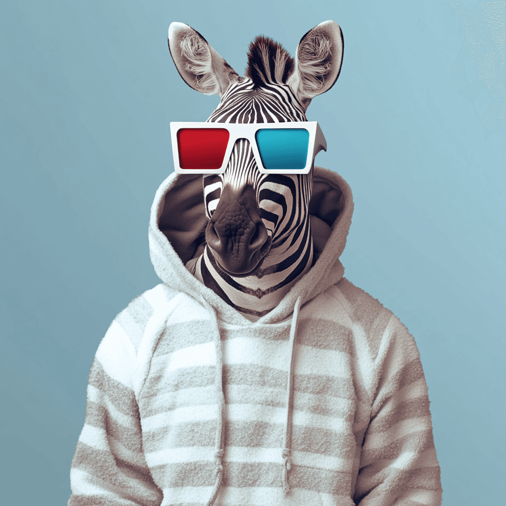 Zebra in a striped hoodie wearing 3D anaglyph glasses
