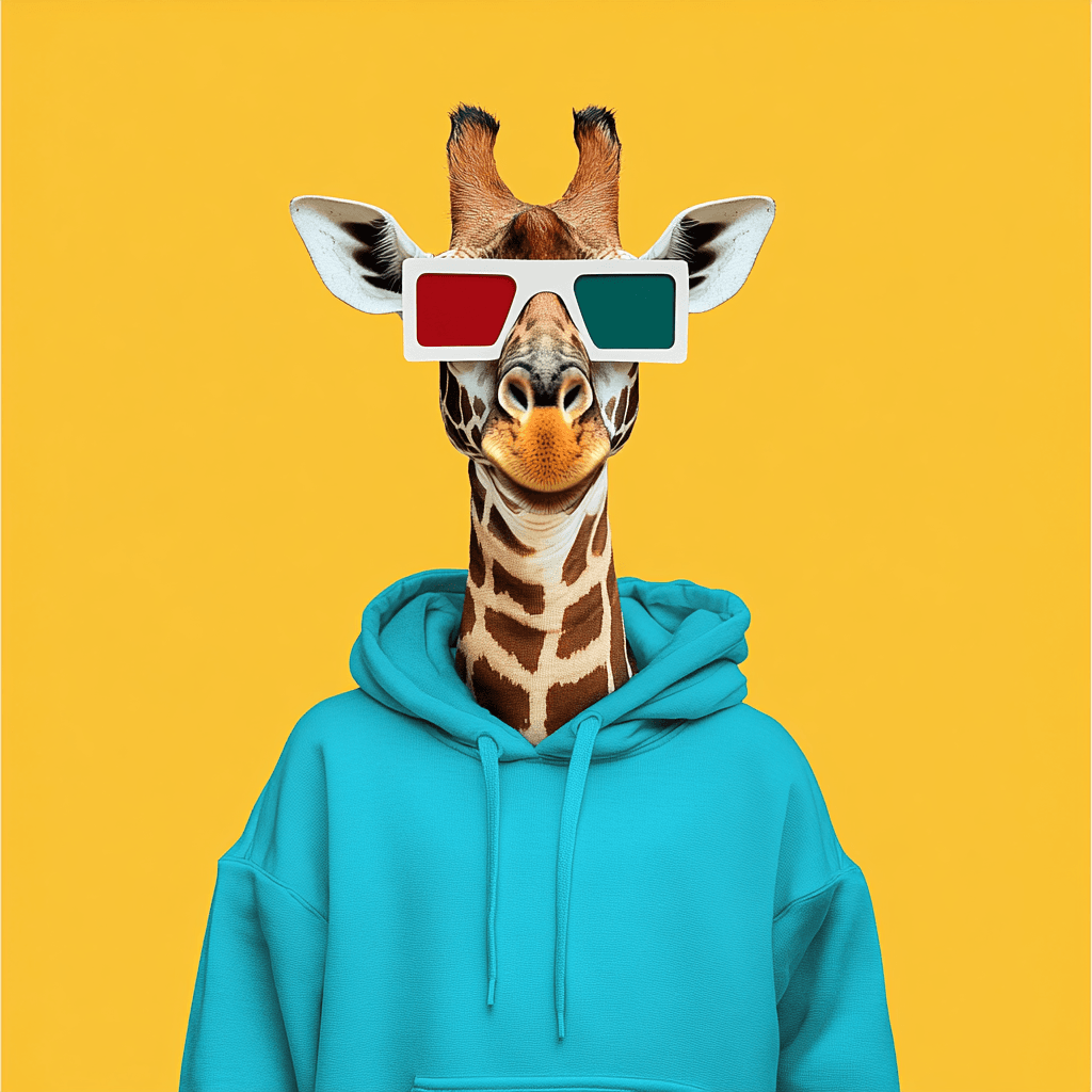 Giraffe in a teal hoodie wearing 3D anaglyph glasses on a yellow background