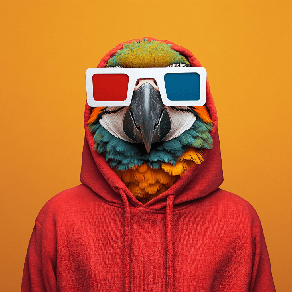 Parrot in a red hoodie wearing 3D anaglyph glasses on an orange background